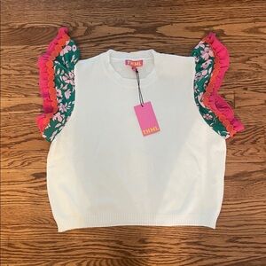 THML White Sweater with Pink and Green Ruffle Sleeves